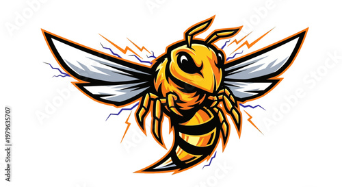 Aggressive Wasp Mascot Logo with Lightning Bolts, Fierce Insect Illustration
