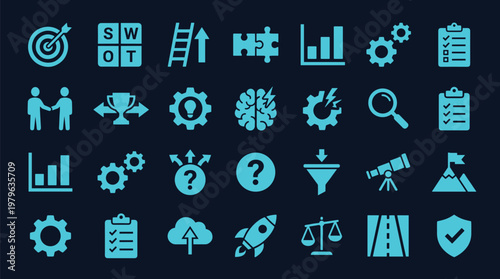 Business strategy and productivity icon set in blue line style, planning, goals, teamwork, analytics, workflow, success, problem solving and corporate management concept collection