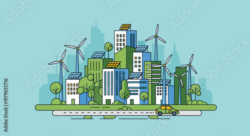 Modern sustainable green city with wind turbines and solar panels illustration.
