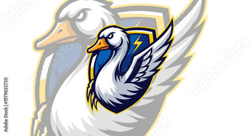 Aggressive Goose Mascot Logo with Shield and Lightning Bolt