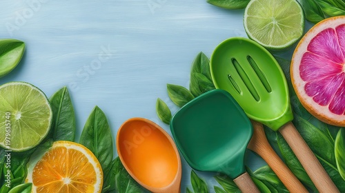 Colorful Kitchen Utensils and Citrus Fruits on Pastel Backdrop for Health and Culinary Themes