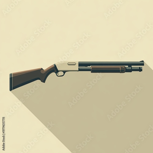 Minimalist Flat Design Shotgun Illustration with Long Shadow Focused on Vintage Weaponry and Art Deco Style