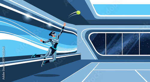 Futuristic tennis practice in a virtual reality setting with advanced technology