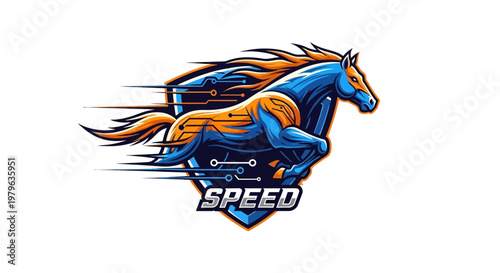 Dynamic Horse Mascot Logo with Speed and Technology Elements
