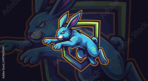 Blue Rabbit Mascot Logo, Esports Gaming Character, Fast Running Animal