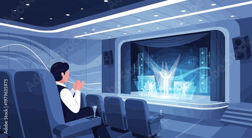 Futuristic theater presentation with a captivated audience giving applause in modern auditorium