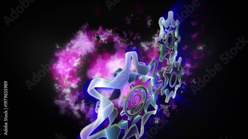 Abstract glowing gears rotating in outer space, surrounded by glowing particles and energy clouds, symbolize movement, technology and dynamic mechanical systems in a futuristic, surreal visual style.
