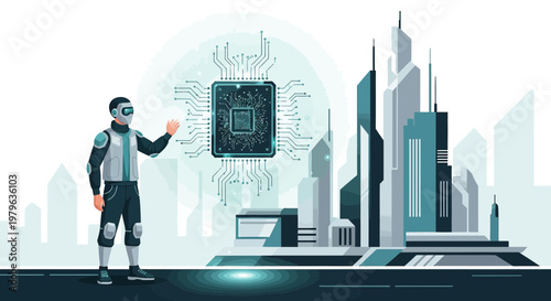 Futuristic urban landscape with cyborg interacting with advanced microchip technology interface