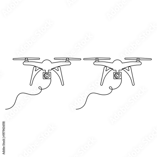 Continuous one-line drawing of a drone with camera, minimalist vector illustration on a white background
