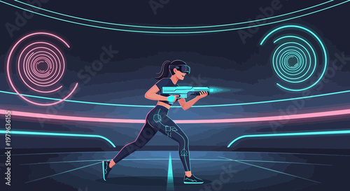 Futuristic virtual reality gaming concept featuring a female avatar in action combat game
