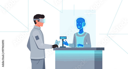 Futuristic virtual reality transaction with human and hologram employee in modern times