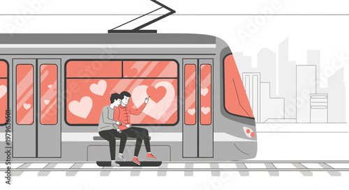 Gay Couple on Tram, Romantic Hearts Illustration, Love and Connection
