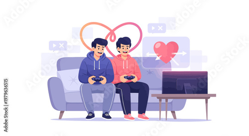 Gay Couple Playing Video Games Together on Couch, Heart Symbol