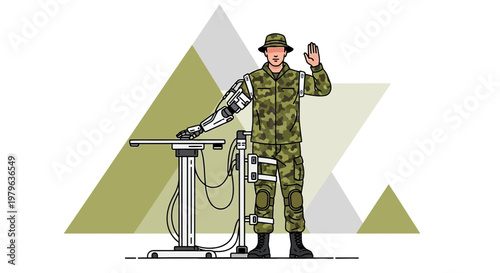 Futuristic soldier with a prosthetic arm saluting against an abstract geometric background in a