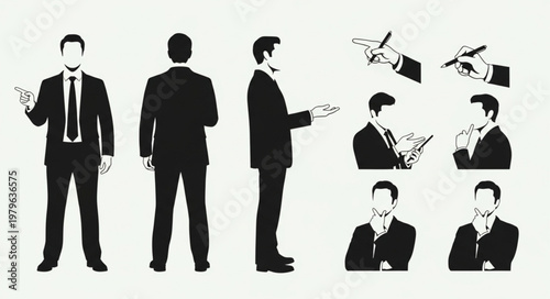 Businessman in Suit Multiple Poses and Gestures.
