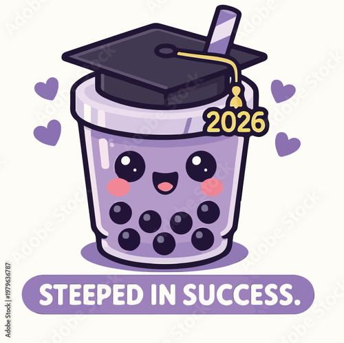 Sweet animated bubble tea character with a happy face and boba pearls proudly wears a 2026 graduation cap, representing academic success.