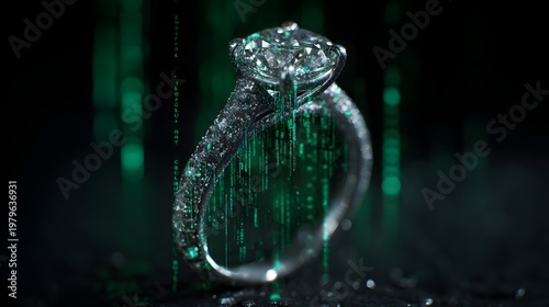 Digital rain falls around a glittering diamond engagement ring