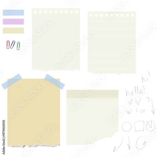 A notebook sheet with a torn edge and scrapbook paper. Vector illustration. Torn paper on a white background. White scraps of paper for scrapbooking, note sheets, and tape.