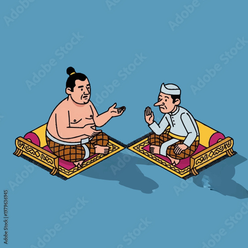 Two men sitting on traditional mats eating.