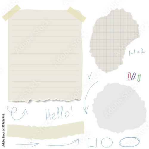 A notebook sheet with a torn edge and tape. Vector illustration. Torn paper and pencil notes - crosses, arrows, and check marks, a set of isolated icons on the background. White scraps of paper for sc