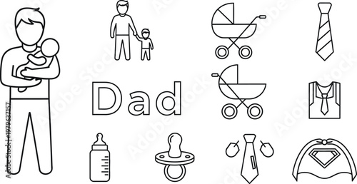Father and Baby with Care Elements Vector Icon Set for Father's Day