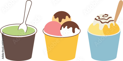 Cute colorful ice cream cups illustration, dessert collection vector for summer food menu design