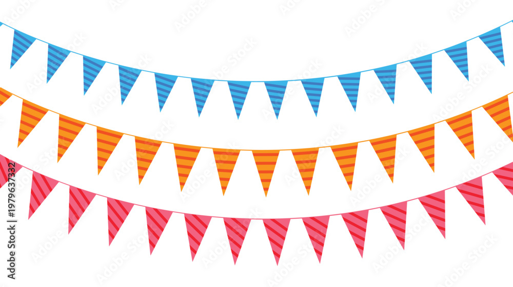 Fototapeta premium Bunting flags banner set two with colorful hanging pennants for festive party decoration and holiday celebration event