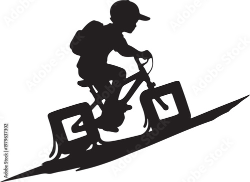 Kid riding bicycle with square wheels uphill.shilhoutee