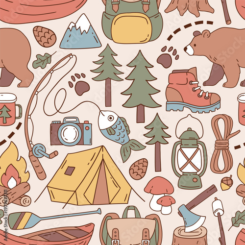 Seamless vector pattern with camping accessories on isolated background. Hand drawn hiking illustration. Perfect for textile, wallpaper or print design.