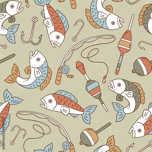 Seamless vector pattern with fish, fishing rod, lure and hook on isolated background. Hand drawn sea fishing illustration. Perfect for textile, wallpaper or print design.