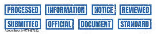 Blue grunge rubber stamp set featuring official document processing notice and standard review signs for business administration