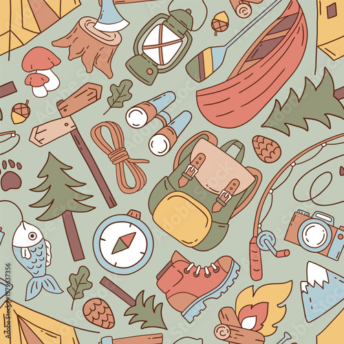 Seamless vector pattern with camping accessories on isolated background. Hand drawn hiking illustration. Perfect for textile, wallpaper or print design.