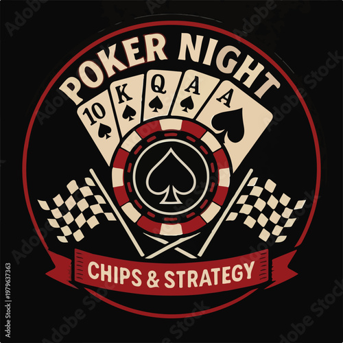 Poker night emblem featuring playing cards and casino chips alongside crossed checkered flags for a fun gambling card game theme
