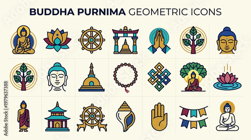 Buddha Purnima Wesak Day Celebrations with Geometric Icons and Symbols