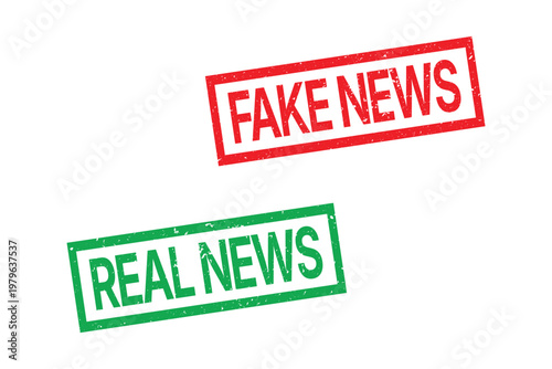 Fake news and real news stamp with red and green grunge texture for media journalism and information