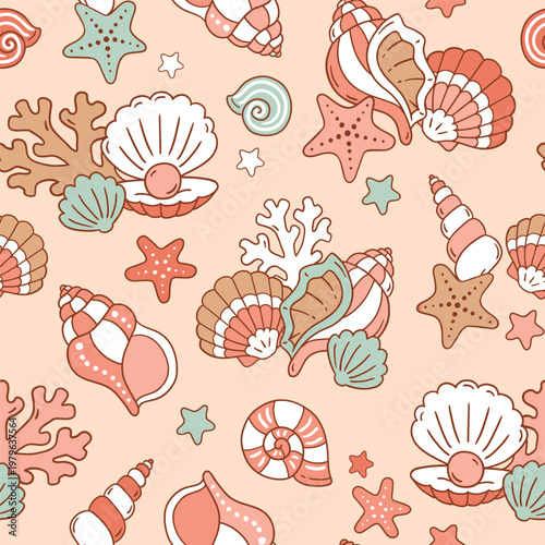 Tableau sur toile Seamless vector pattern with seashell and sea star