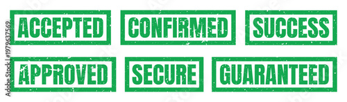 Green grunge rubber stamp set with accepted confirmed success approved secure and guaranteed business seal mark signs