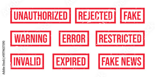 Red grunge rubber stamp set including unauthorized rejected fake warning error restricted invalid and expired seal marks