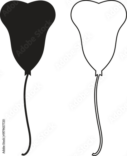 Heart Shaped Balloon Silhouette and Outline with String on White Background