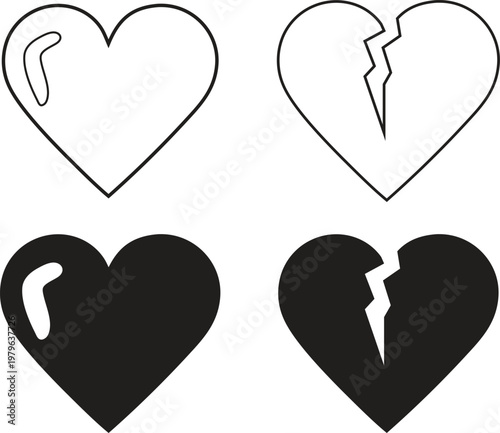 Healthy and broken heart icons in outline and solid fill for emotional concepts