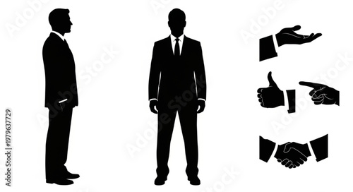 Businessman Silhouettes Front Side And Gestures.