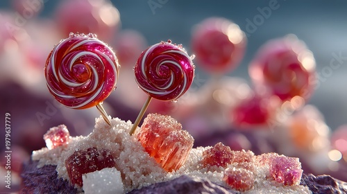 Lollipops with candy coating sit amid sparkling sugar