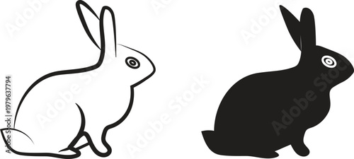 Simple rabbit outline and silhouette on white background for graphic design