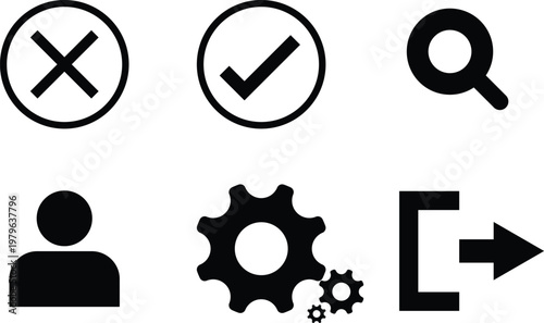 User interface icons set with check mark, cross, search, user, settings gear and logout symbols in solid style ideal for apps, websites, dashboards and UI design