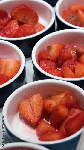 Strawberries portioned white bowls buffet European breakfast fresh fruit