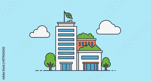 Eco-friendly modern buildings with green roofs and leaf flag