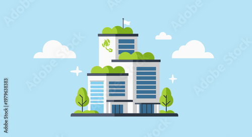 Eco-friendly office building with green roof and trees, flat design concept
