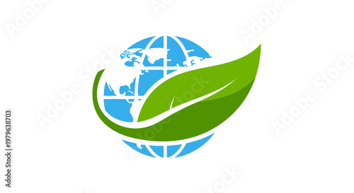Green leaf covers part of a blue globe, representing environmental protection and sustainability.
