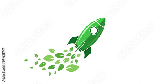Green Rocket Launching With Leaves Trail - Sustainable Growth Concept