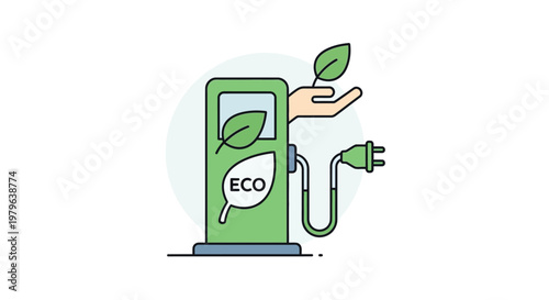 Eco friendly electric car charging station with hand holding leaf